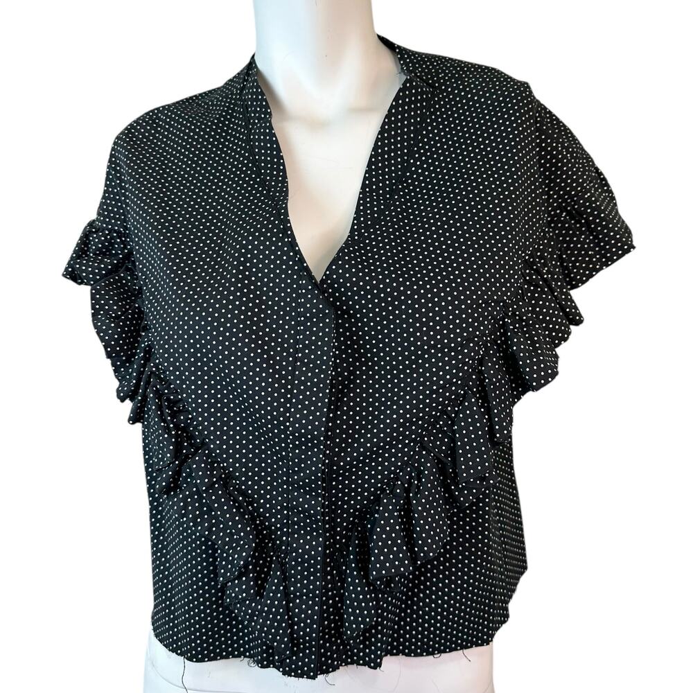 PASKAL CROP Polka Dot Ruffle Trim Blouse Cut By Hand sz M $330 Flawed-Read desc